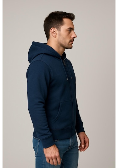 Axxel Erkek Lacivert 2 İplik Fermuarlı Kapüşonlu Sweatshirt-w1084 Lacivert