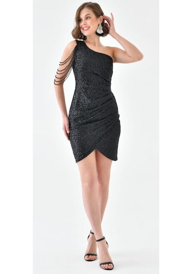 Hanife Glam Couture Hanife Glam Tek Omuz Taş Tasarımlı Mini Pulpayet Elbise Siyah