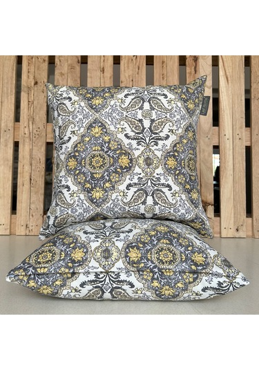 2'li Fermuarlı Dekoratif Kırlent Kılıfı - 40x40 Cm Sarı - Gri