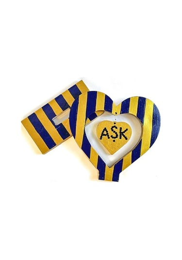 Uretti - Hülya 6683 0654 Sarı Lacivert El Yapımı Çizgili Kalp Şeklinde Dekoratif Hediyelik Obje 1 Adet