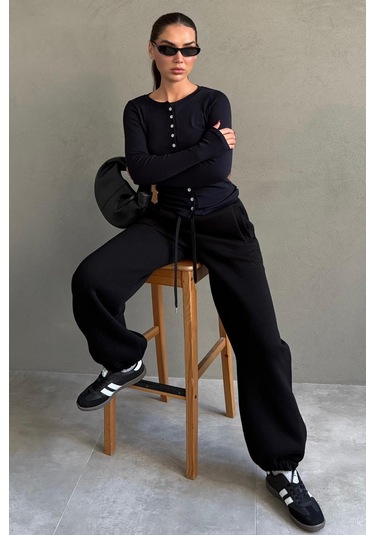 Siyah Geniş Paça Rahat Kalıp Lastikli Eşofman Altı Mg2581 SiYAH