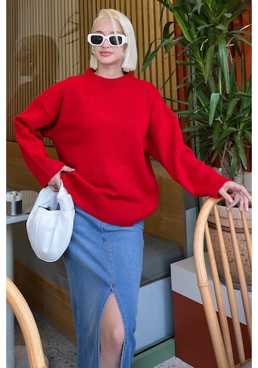 Madmext Madmext Bisiklet Yaka Oversize Triko Kazak MG1972 Kırmızı