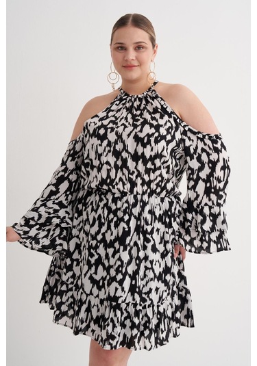 Pencere Detaylı Volanlı Elbise-6222 Siyah