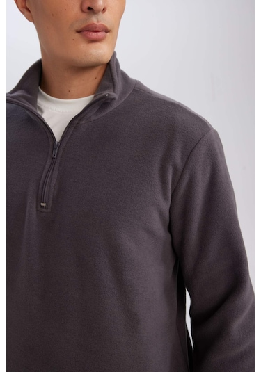 DeFacto Antrasit Tüylenme Yapmayan Soğuk Geçirmez Regular Fit Dik Yaka Fermuarlı Polar Sweatshirt Y3996AZNSAR126