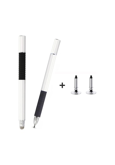 At-31 İletken Kumaş Kafa Hassas Enayi Kapasitif Kalem Kafası 2'si 1 Arada El Yazısı Kalemi 2 Kalem Kafalı Gümüş Beyaz