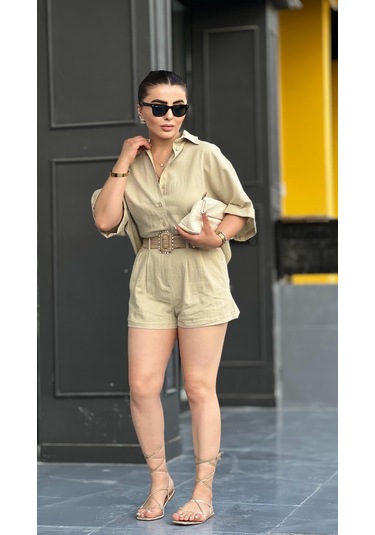 Taş Keten Kendinden Kemerli Gömlek-şort Takım Taş
