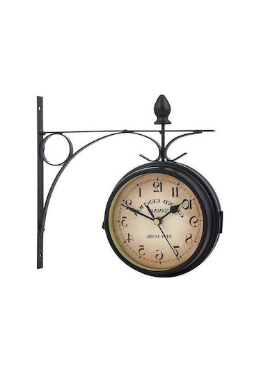 Trendooze Taraflı Siyah Siyah Saati Retro Metal Mekan Duvar Dış Dekorasyon Çift Bar Bahçe Akülü - İm Siyah