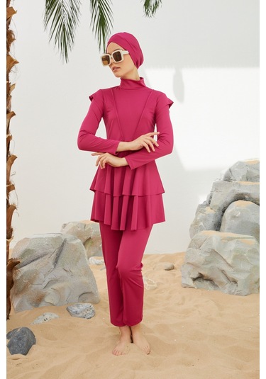 Likralı Tam Kapalı Tesettür Mayo Deniz Mayosu Fırfır Detaylı T223-46 Fuşya Fuşya