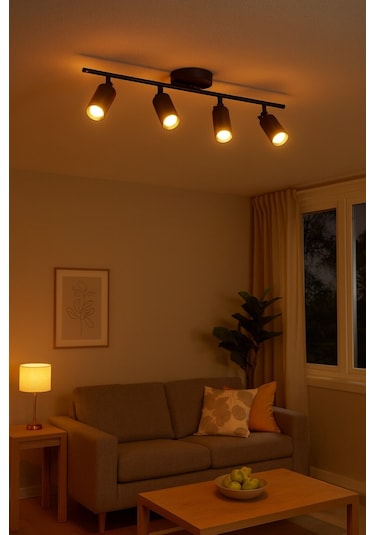 Spoti 4'lü Siyah Renk Gün Işığı Modern Tasarım Salon - Mutfak - Banyo Spot Ledli Sıralı Avize Siyah