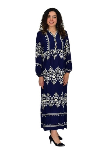 Kadın Kol Lastikli V Yaka Elbise Bgl-st04642 Lacivert