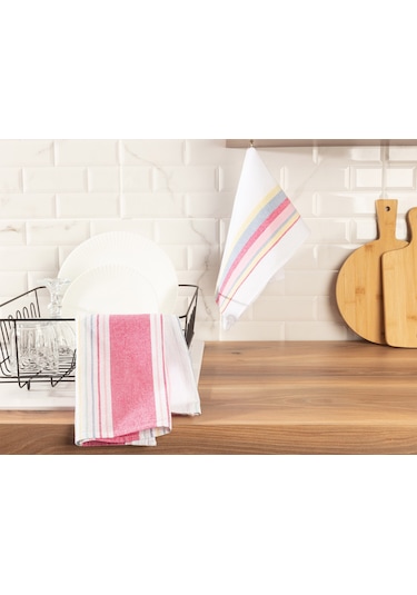 Madame Coco Jeanne 2'Li Yıkamalı Mutfak Havlu Seti - Beyaz / Pembe