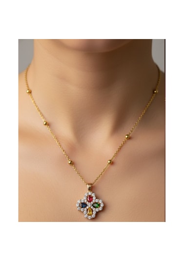 Altın Renk Mix Taşlı Yonca Model Top Zincir Çelik Kolye Altın