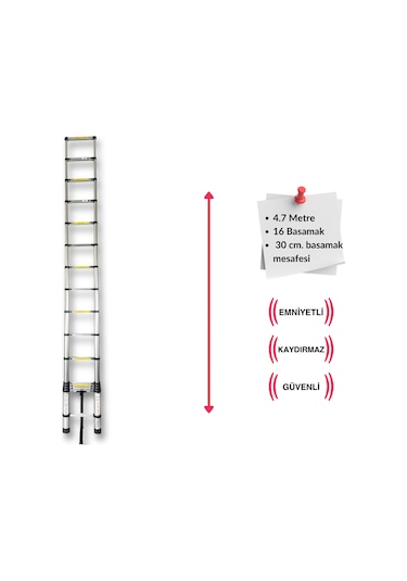 Endokon 470 Cm. - 16 Basamaklı Teleskopik Alüminyum Merdiven - I Tipi Uzayan Merdiven