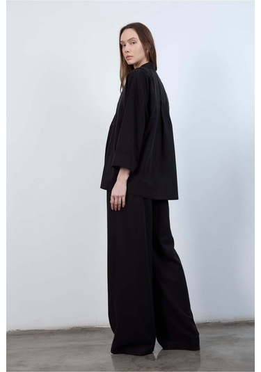 Kadın Keten Rahat Kesim Ceket Pantolon Alt-üst Takım Siyah