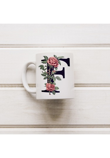 F Baş Harf Kırmızı Güller İle Sarılı Bardak 330 Ml Kişiye Özel Çiçekli Hediye Beyaz