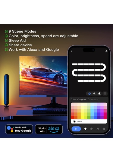 Teltree Rgb Müzik Ritmi Işıklı Strop, Akıllı Wi-fi+bluetooth Kontrol, Oyuncu Masaüstü Ambiyans Lambası 2 Adet Renkli