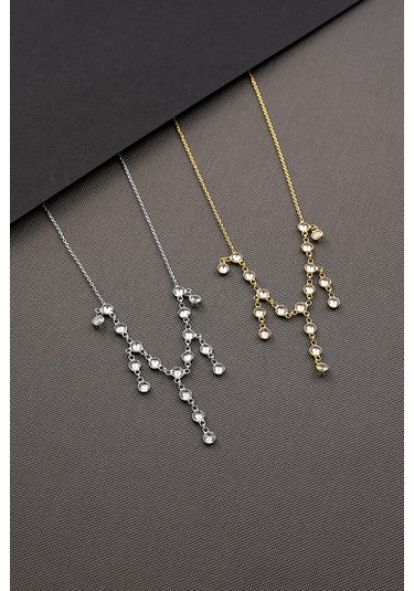 925 Ayar Gümüş Zirkon Taşlı Uzun Ve Kısa Parça Sallantılı Tamtur Kolye Altın