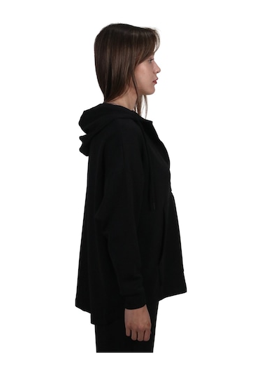 Kadın Modal Kumaş Yumuşak Dokulu Fermuarlı Rahat Kalıp Siyah Kapüşonlu Ceket Hırka Siyah