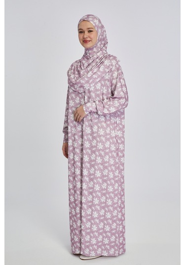 Pratik Tek Parça Manolya Desenli Namaz Elbisesi Pembe