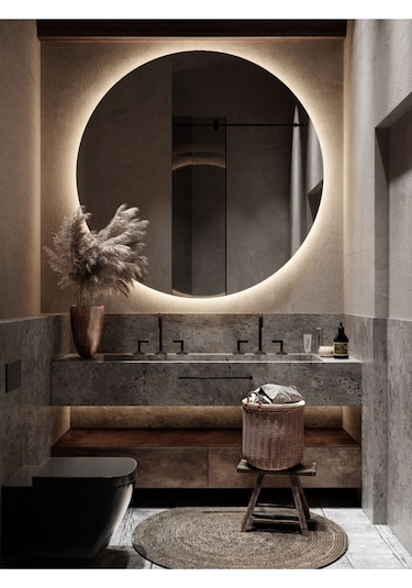 Nuun Dekor 80cm Günışığı Ledli Dekoratif Banyo Aynası / Dekoratif Duvar Aynası / Ledli Yuvarlak Ayna - Trafolu Şeffaf