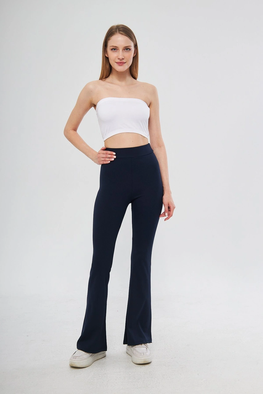 Siyah Yüksek Bel Fitilli Ispanyol Paça Interlok Örme Kadın Tayt Lacivert