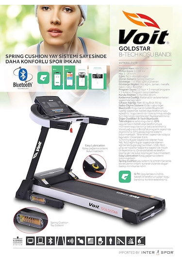 Voit Goldstar Koşu Bandı, Otomatik Eğimli, 3 Hp/av Motorlu, Katlanabilir, Bluetooth App, 18km Hız, Programlı