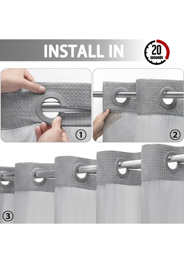 Ximistore9 Gri Su Geçirmez Banyo Perde Seti - Zımparalı Dokulu, Kanca Yok, Tıkla Tak Liner, Hızlı Kurulum, Spalon Deneyimi Açık Gri