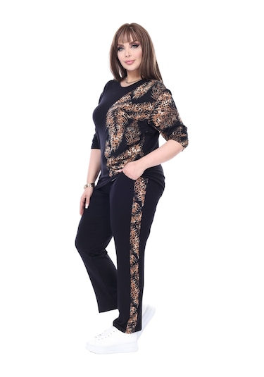 Melsay Butik Siyah Truvakar Kol Yarım Başak Garnili Viskon Büyük Beden Takım Siyah