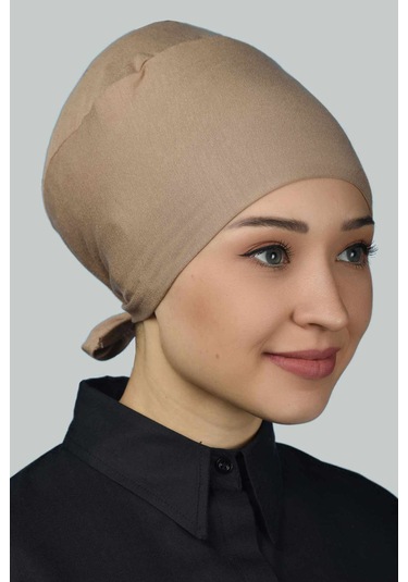 Altobeh Kadın Pratik Dikişsiz Bağcıklı Kaymayan Tesettür Penye Bone - Koyu Bej