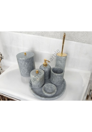 Gri Mermer Klasik Model 7 Parça Gold Renk Düğme Aksesuarlı Banyo Seti Gri
