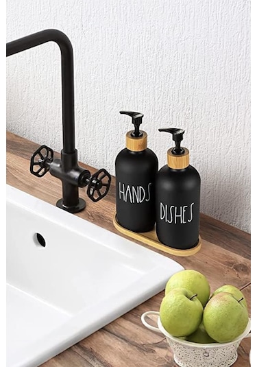 2 Li Bambu Altlıklı Sıvı Sabunluk Seti Siyah Siyah