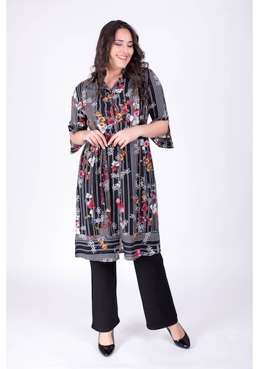 Kemer Detaylı Desenli Uzun Tunik-siyah Siyah