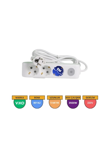 Viko Multi-let 3'lü Grup Priz Anahtarlı Topraklı Çocuk Korumalı 5 Metre Beyaz - 90117305