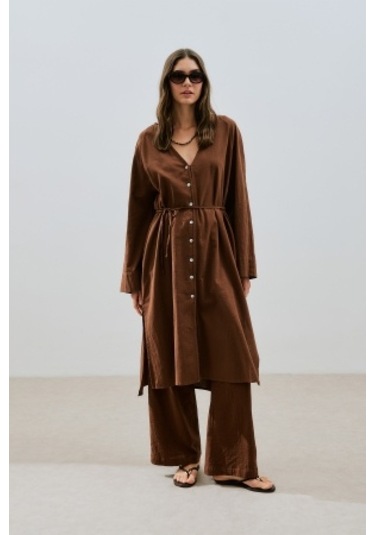 Dokulu Düğmeli Uzun Tunik Kahverengi Kahverengi
