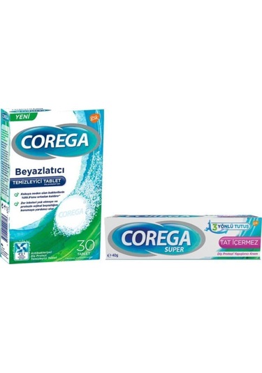Corega Antibakteriyel Protez Beyazlatıcı Tablet 30'lu + Tat İçermez Protez Yapıştırıcı Krem 40 G