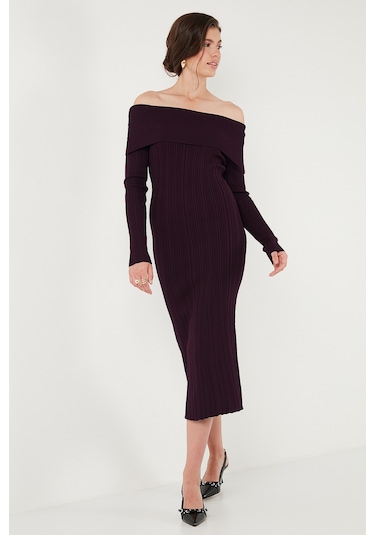 Lela Premium Fitilli Carmen Yaka Slim Fit Midi Boy Triko Bayan Elbise 680El00033 Mürdüm