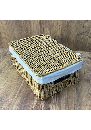 Rattan Örme Kapaklı Kutu Orta Boy Çok Amaçlı Kapaklı Sepet Krem