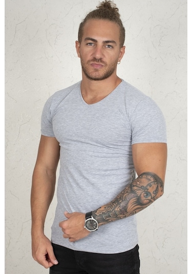 Deepsea Gri Dar Kesim Erkek Tişört 1801165-Gri