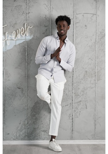 Advante Armürlü Likralı Yaka Düğmeli Slimfit Yazlık Gofre Kumaş Gömlek Gri