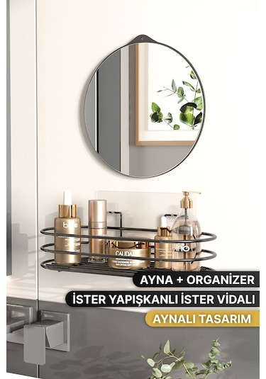 Banyo Düzenleyici 2 Li Set Ayna Ve Organizer Yapışkanlı Lüks Tasarım Ayna Kozmetik Rafı Siyah