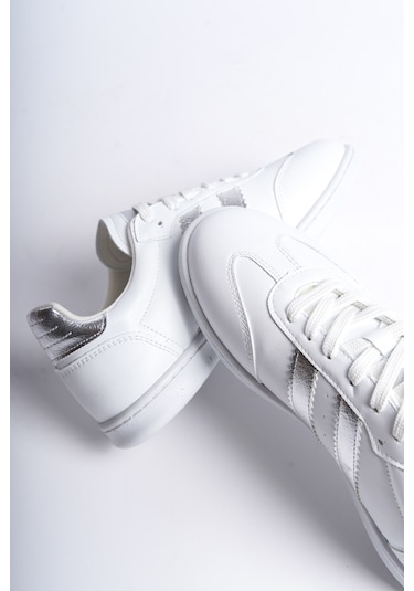 Garantili D30004 Günlük Ortopedik Kadın Sneaker Spor Ayakkabı Beyaz-gümüş