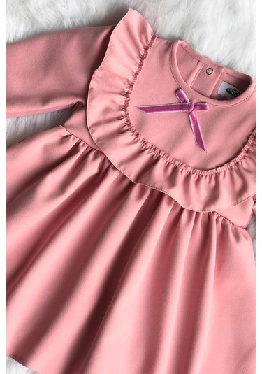 Fırfır Ve Kurdele Detaylı Tasarım Krep Pudra Pembe Kız Çocuk Bebek Elbise 001