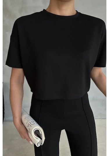 Modal Kumaş Yüksek Bel Pantolon Crop & Pantolon Takım Siyah