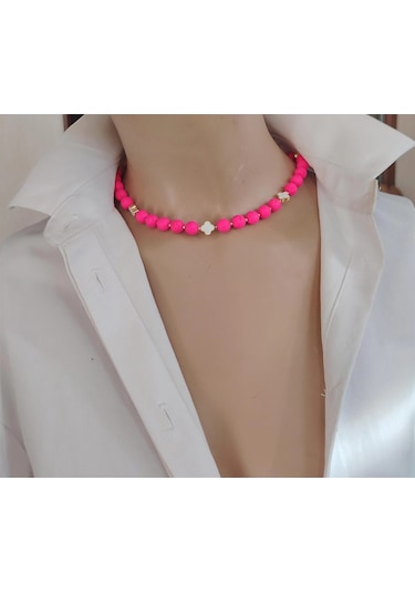 Luna Yonca Detaylı Lav Taşı Choker Doğal Taş Kolye Pembe