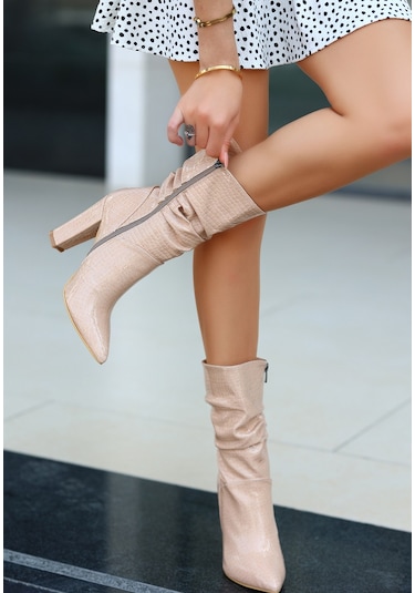 Erita Ten Rugan Desenli Topuklu Çizme Ten