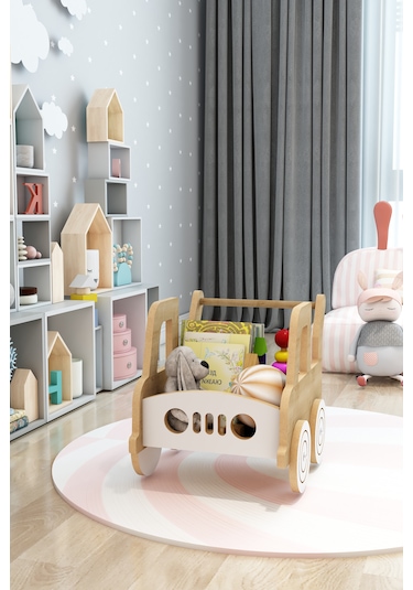 Happy Walker -Ahşap İlk Adım Arabası - Yürüme Arkadaşı - Yürüteç - Oyuncak Organizer
