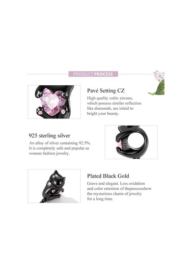 Wostu 925 Ayar Gümüş Sevimli Küçük Siyah Kedi Takılar Boncuk Pembe Kalp Zirkon Kadınlar İçin Fit Orijinal Dıy Bilezik Takı Hediyeler Siyah - Gümüş
