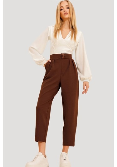 Çift Düğmeli Havuç Model Bilek Boy Kadın Kumaş Pantolon Kahverengi