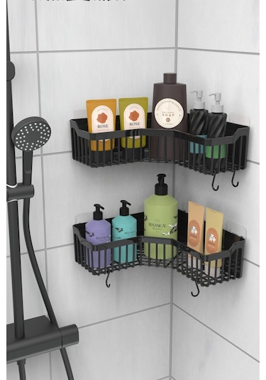 Köşe Yapışkanlı Banyo Rafı, 2 Parça Banyo Düzenleyici, Duş Rafı Gri - Siyah