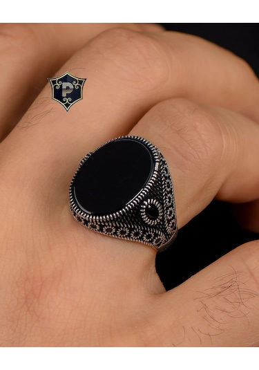 925 Ayar Gümüş Erkek Yüzüğü Zirkon Taş Süslemeli Oniks Taşlı 100222